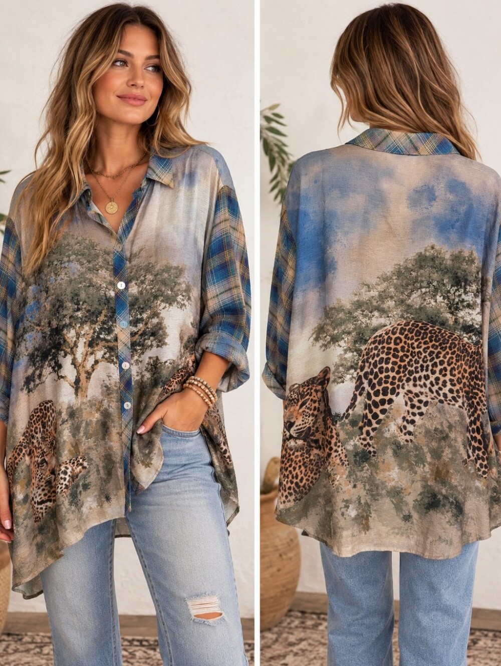 John Mark 0X Leopard Safari Scenic Plaid Button Front Tunic Blouse